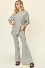 DOUBLE TAKE Full Size Round Neck Drop Shoulder T-Shirt and Flare Pants Set at Bella Road