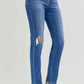 RISEN full size high rise ankle skinny knee distressed jeans, slightly stretchy blue denim with knee rips and a trendy cropped fit