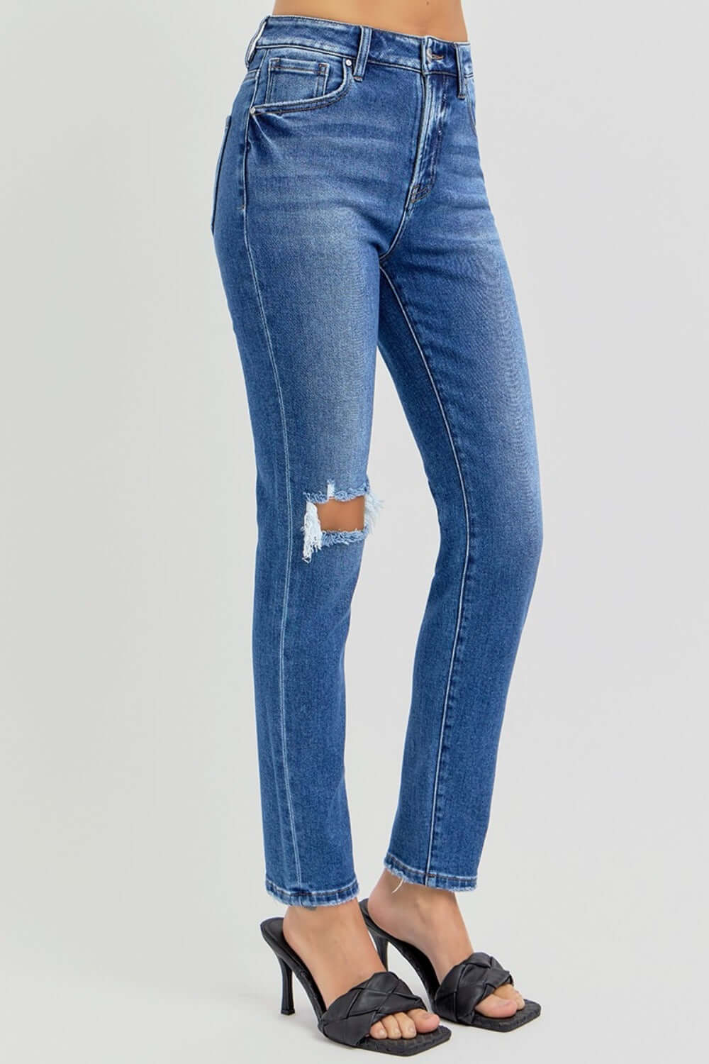 RISEN full size high rise ankle skinny knee distressed jeans, slightly stretchy blue denim with knee rips and a trendy cropped fit