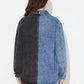 Woman wearing Bella Road raw hem denim top with contrast collared neck, featuring buttoned front and pocket detail.