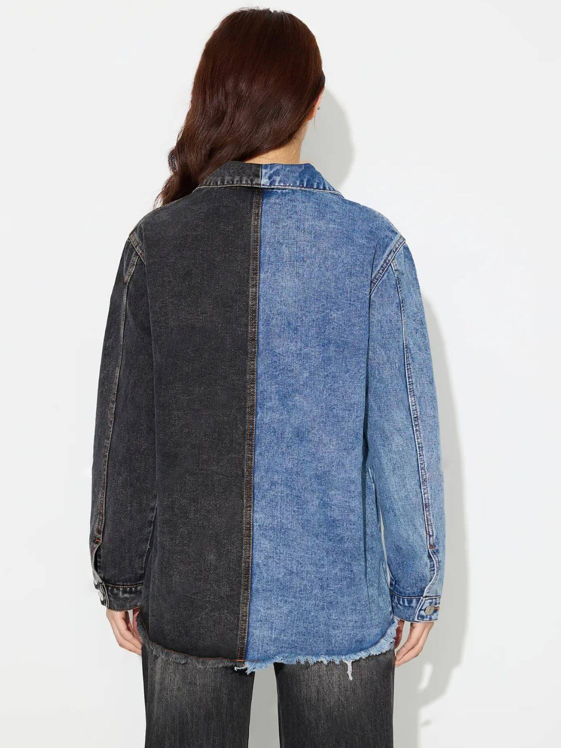 Woman wearing Bella Road raw hem denim top with contrast collared neck, featuring buttoned front and pocket detail.