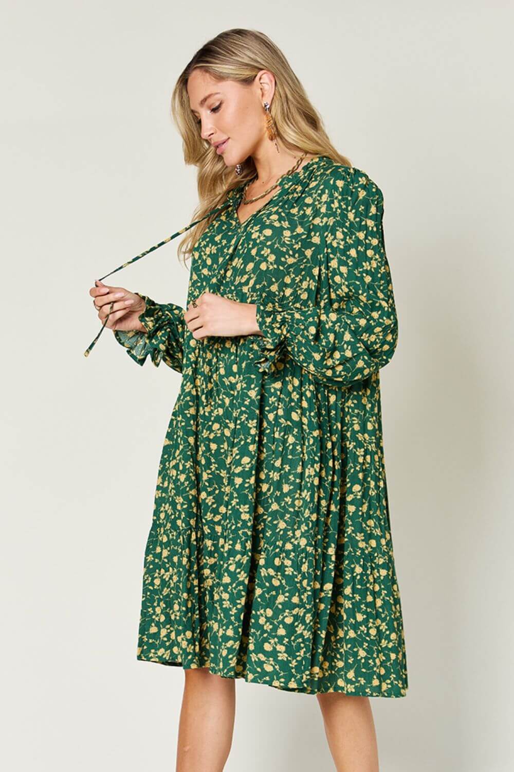 DOUBLE TAKE Full Size Printed Ruffle Hem Long Sleeve Dress at Bella Road