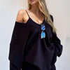 Basic Bae V-Neck Dropped Shoulder Long Sleeve Sweatshirt with Bra - Black