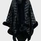 Cozy Bella Road Fuzzy Checkered Long Sleeve Poncho in black and gray, perfect for stylish fall layering.