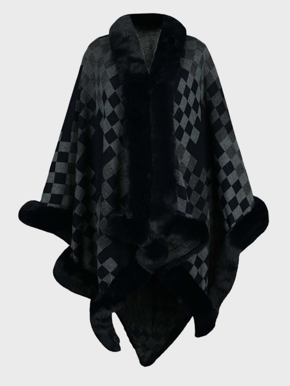 Cozy Bella Road Fuzzy Checkered Long Sleeve Poncho in black and gray, perfect for stylish fall layering.