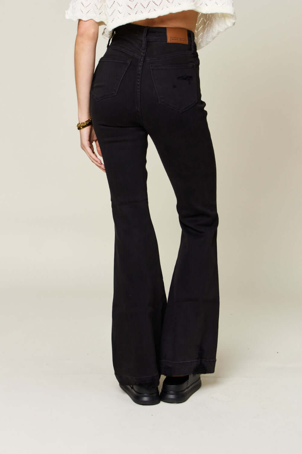 High Waist Distressed Flare Jeans in Black Rear View | Judy Blue Jeans for a Retro-Inspired Look