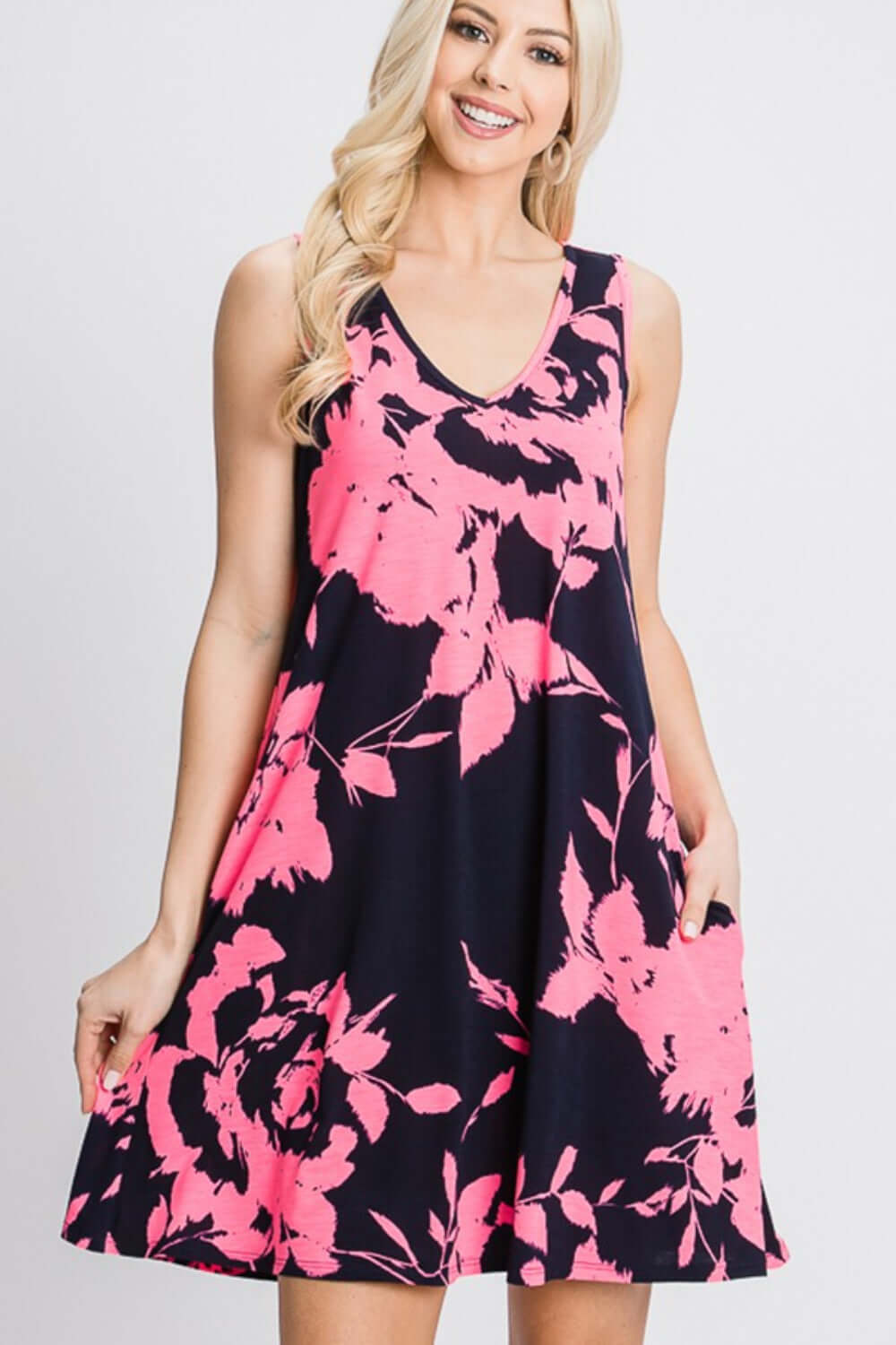 HEIMISH Full Size Floral V-Neck Tank Dress with Pockets at Bella Road