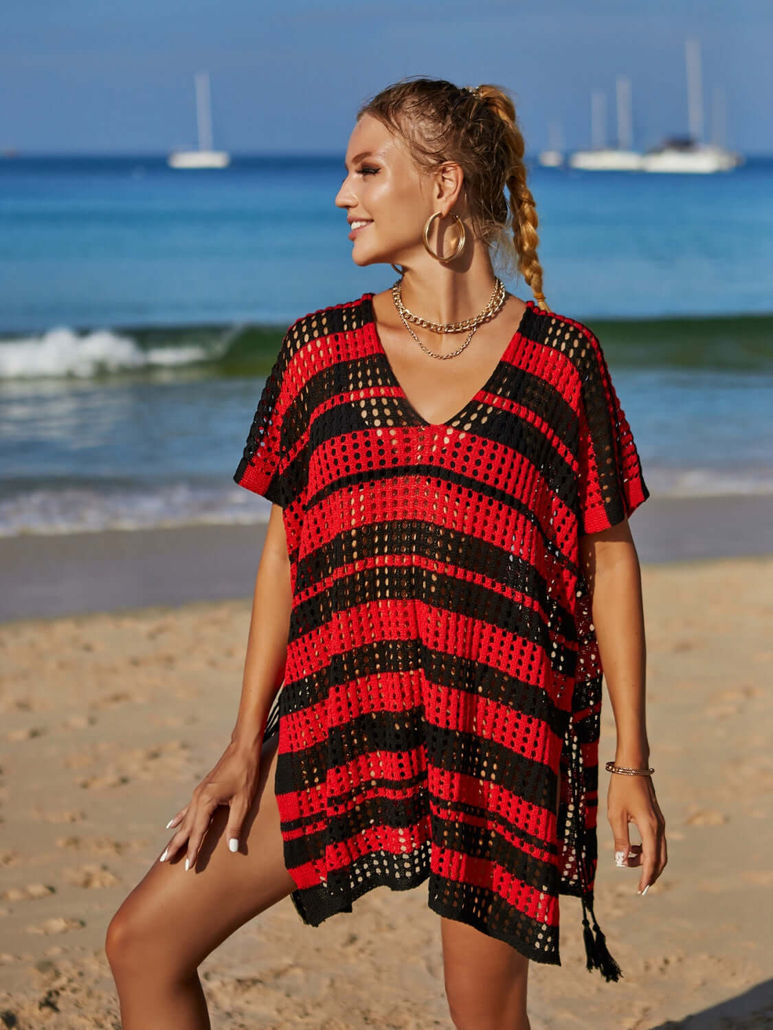 BELLA ROAD Tassel Openwork Striped V-Neck Cover Up at Bella Road