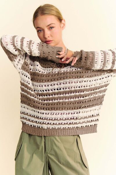 Model showcases Davi & Dani Contrast Striped Crochet Drop Shoulder Knit Cover Up in neutral tones with relaxed styling.