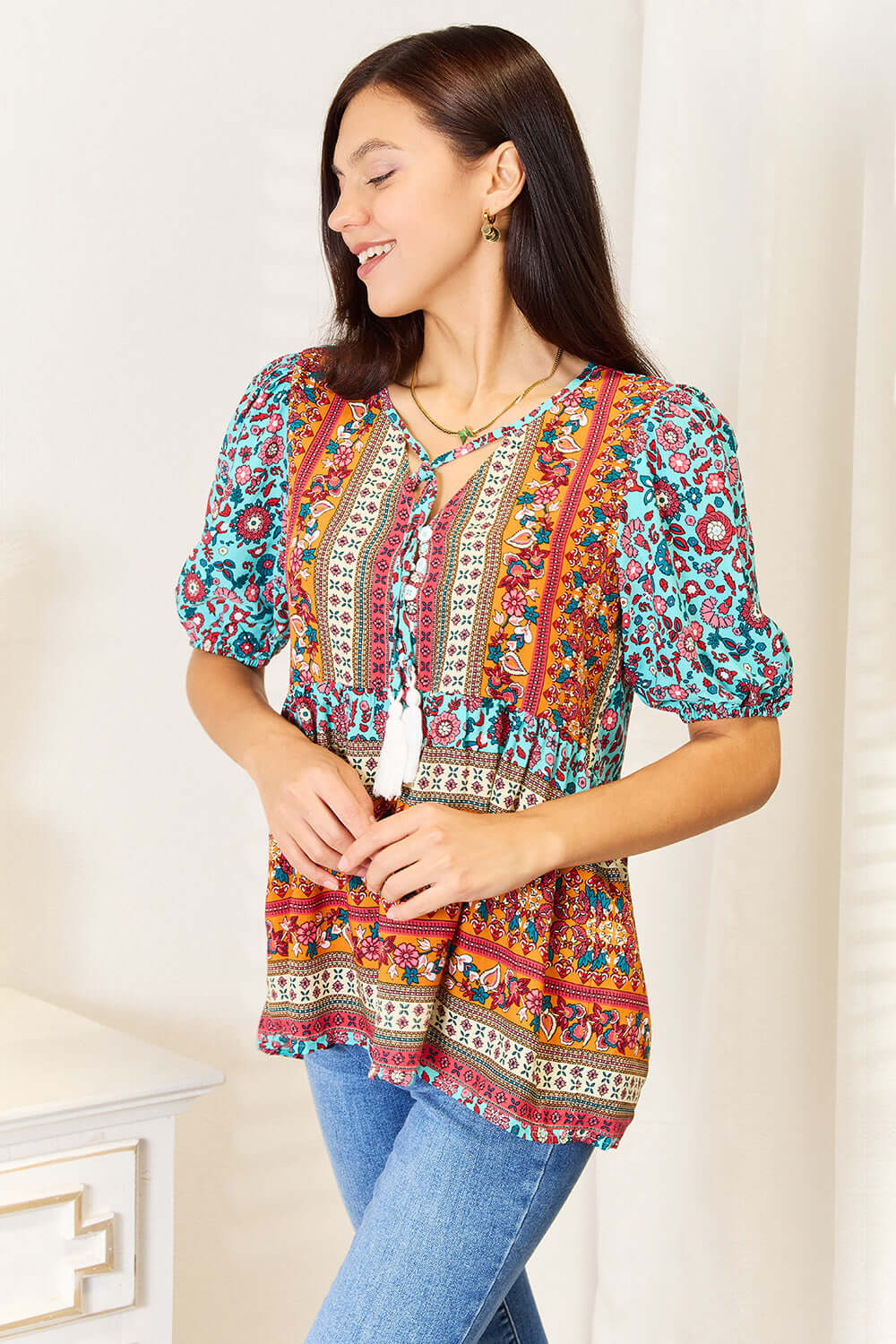 DOUBLE TAKE Bohemian Tassel Tie Puff Sleeve Babydoll Blouse at Bella Road