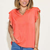 Bamboo Notched Ruffled Short Sleeve T-Shirt - Coral