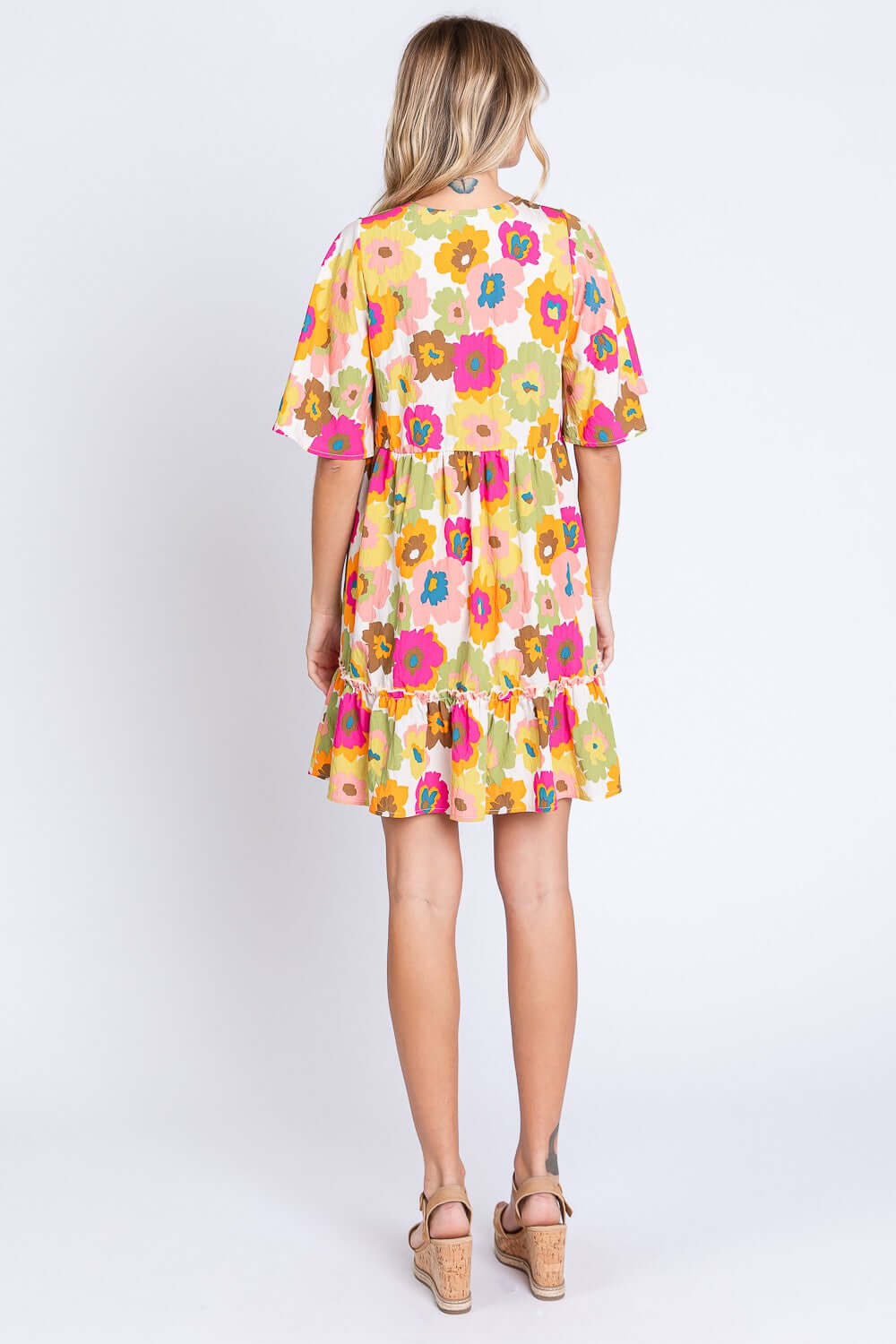 GEEGEE Floral V-Neck Ruffle Hem Mini Dress at Bella Road