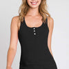 Front Button Ribbed Round Neck Tank - BLACK