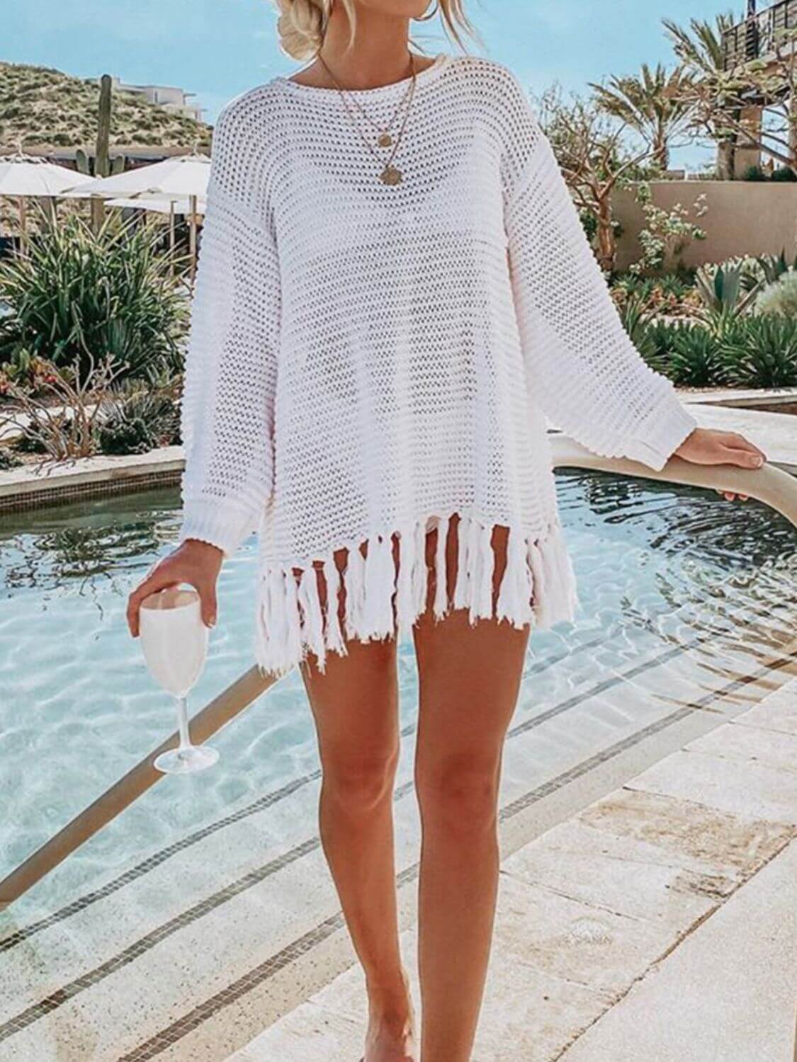 DOUBLE TAKE Openwork Tassel Hem Long Sleeve Knit Cover Up at Bella Road