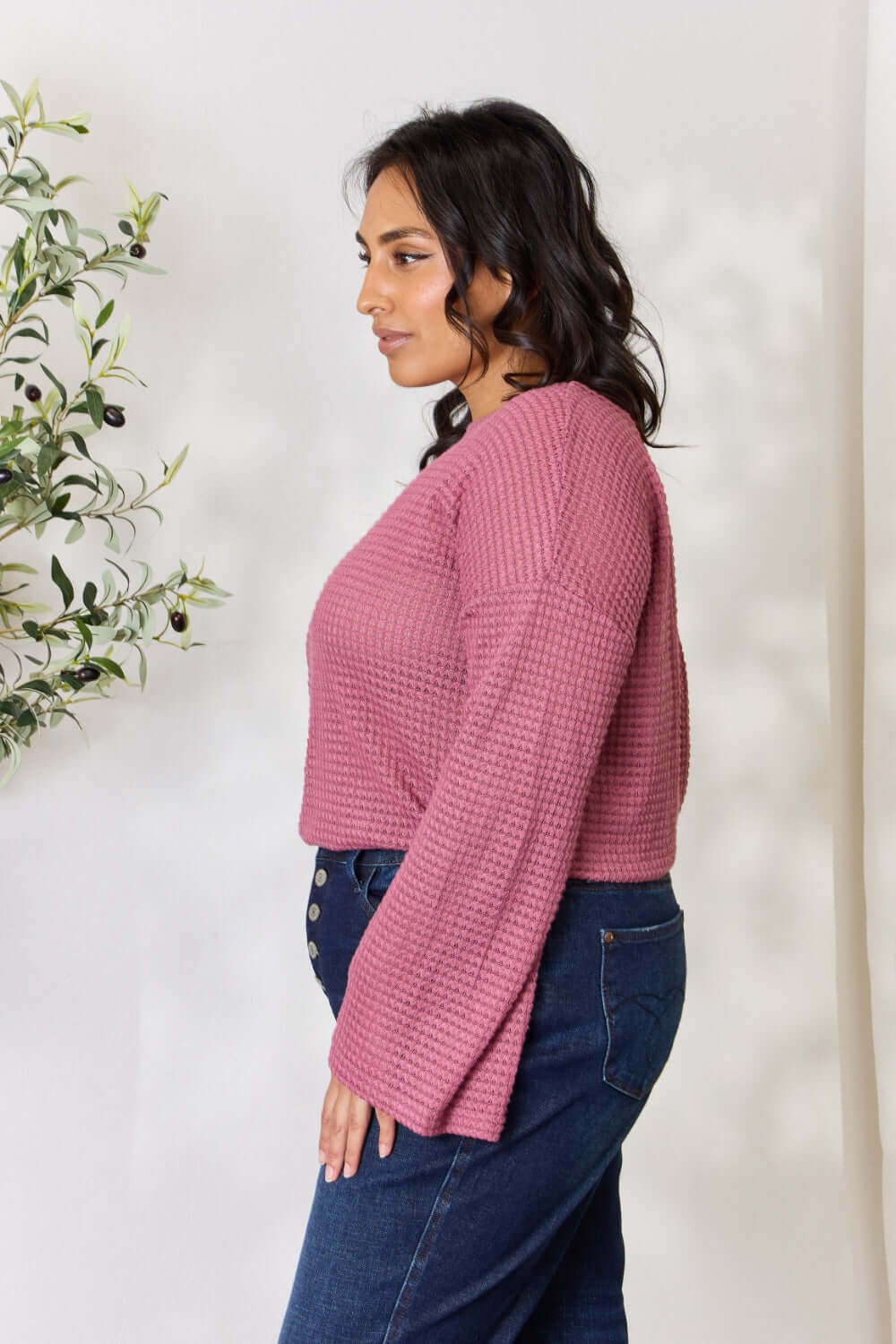 CULTURE CODE Full Size Waffle-Knit Round Neck Long Sleeve Blouse at Bella Road