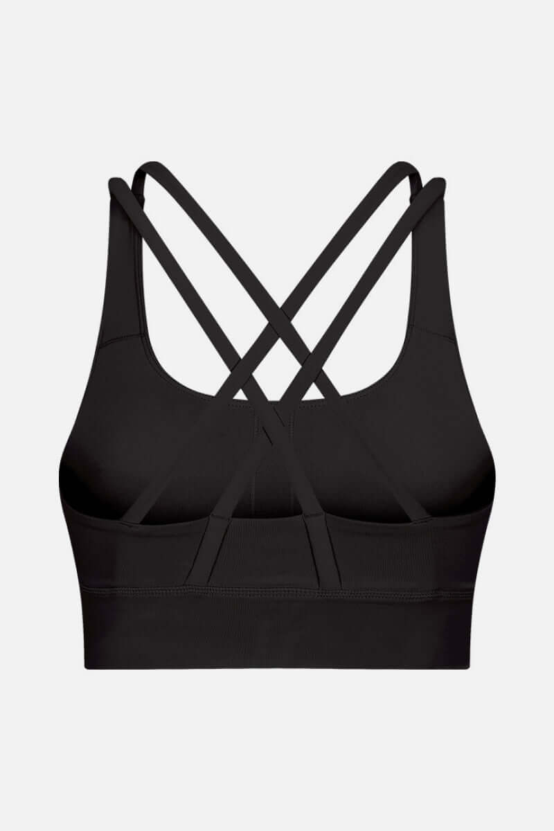 Millennia Double X Sports Bra in black showcasing a stylish double X strappy back design for ultimate support.