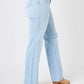 High Waist Distressed Straight Judy Blue Jeans in Light Wash, Full Size, Side View, with Tan Heeled Boots