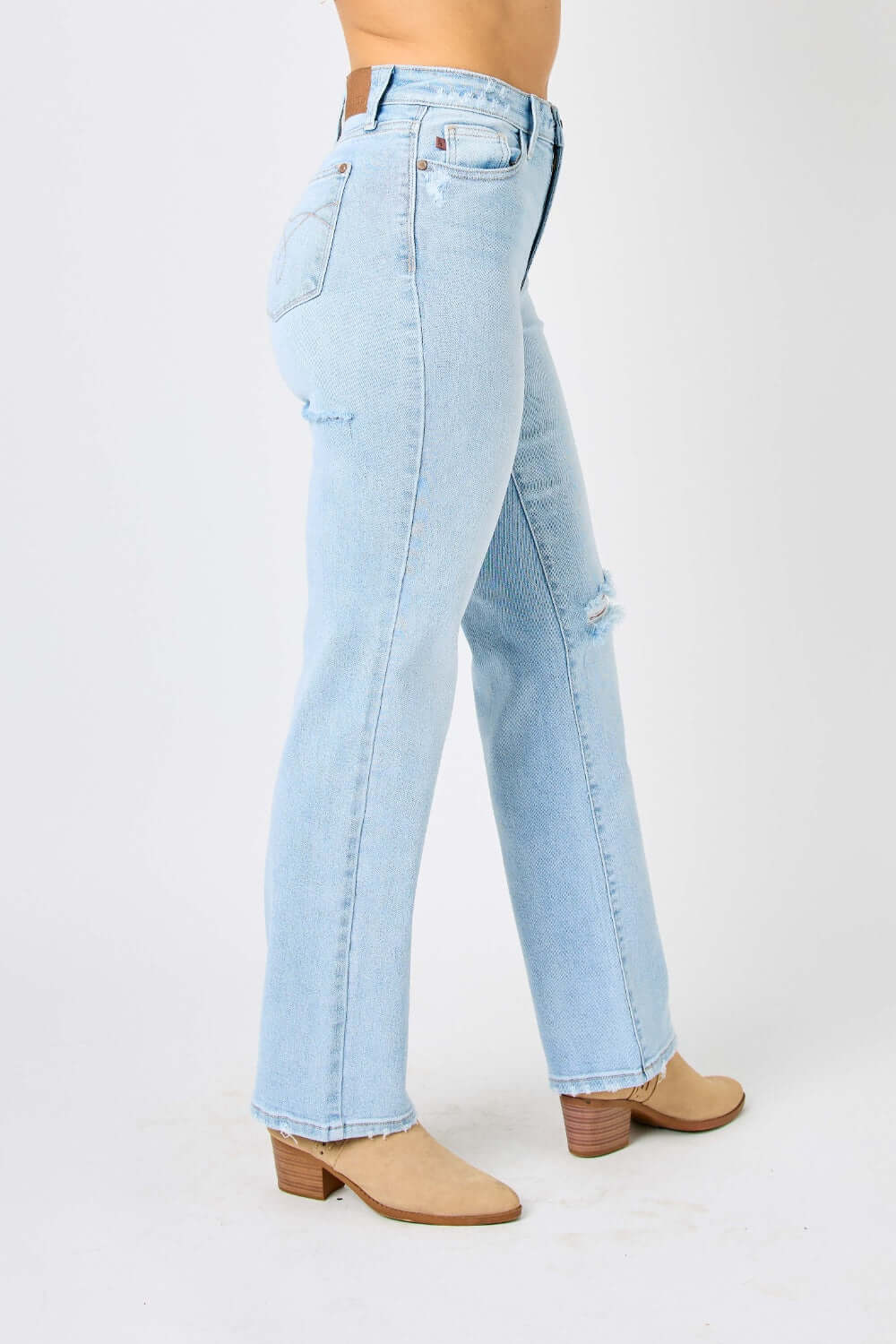 High Waist Distressed Straight Judy Blue Jeans in Light Wash, Full Size, Side View, with Tan Heeled Boots