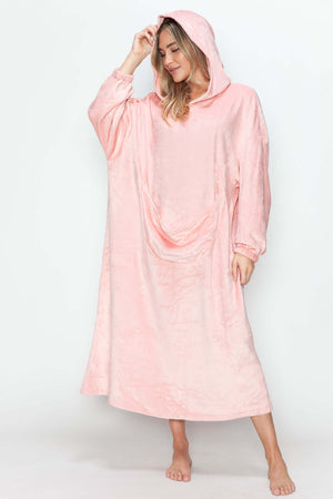 Cozy dusty pink hooded midi lounge dress with pockets, perfect for fall lounging in style.