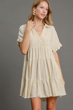 Umgee plus size tiered dress with raw hem and folded sleeves in a casual beige color, perfect for stylish summer outings.