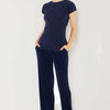 Rib Pleated Elastic-Waist Wide Leg Pants - Navy