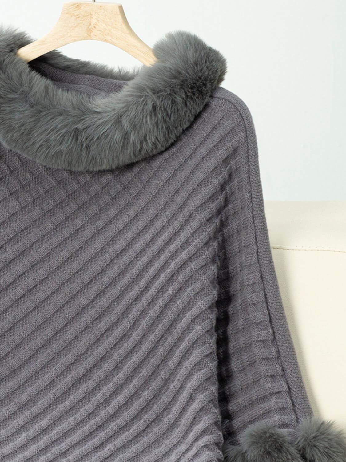 Cozy Bella Road Fuzzy Trim Poncho in textured gray, featuring stylish three-quarter sleeves and a chic fur collar.