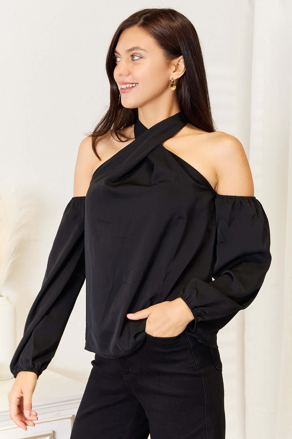 DOUBLE TAKE Grecian Cold Shoulder Long Sleeve Blouse at Bella Road