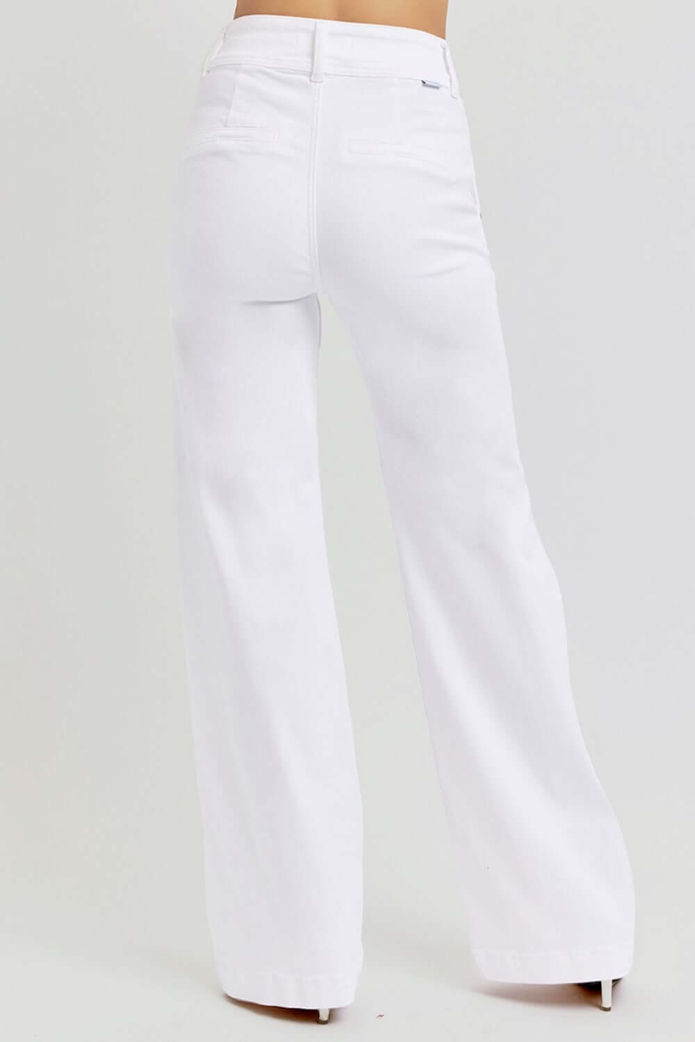 RISEN full-size tummy control wide leg jeans in white, featuring high-rise waist and double button detail for chic style.