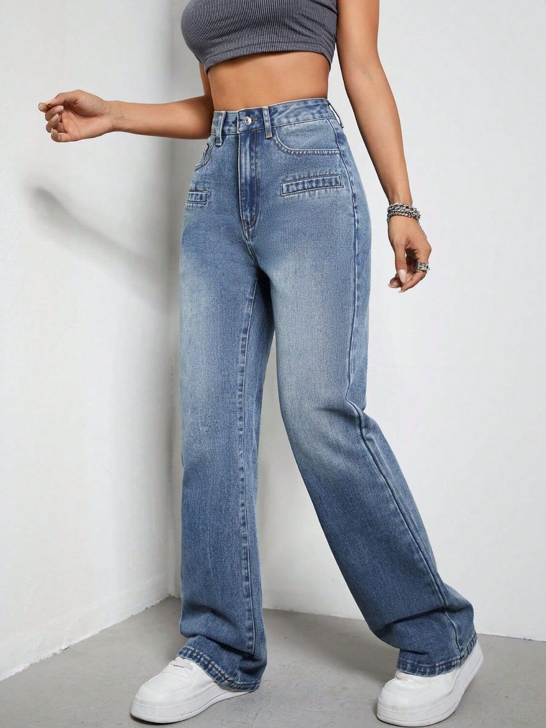 Bella Road High Rise Wide Leg Jeans with Pockets, buttoned and slightly stretchy, 85% cotton, 15% polyester, shown in full view.