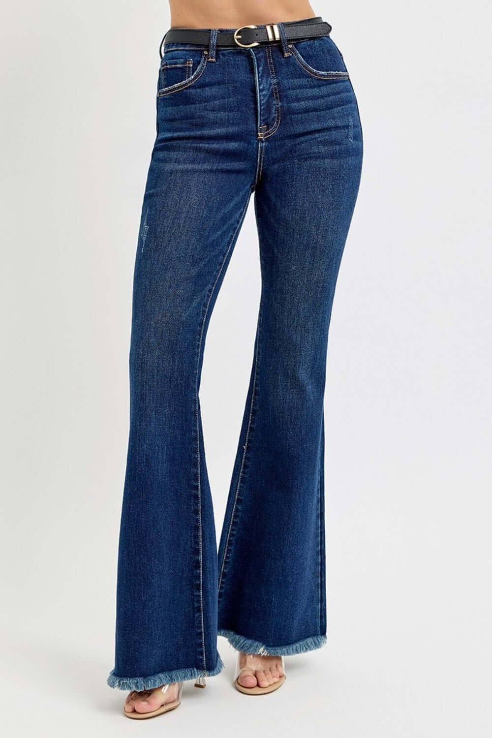 RISEN Tummy Control Frayed Hem Flare Jeans with Belt - High Rise, Retro Look, Flattering Fit, Chic Style, Casual Edge