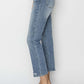 High Waist Distressed Cropped Jeans by Risen Jeans side view with clear heels, showcasing flattering silhouette and rugged details.