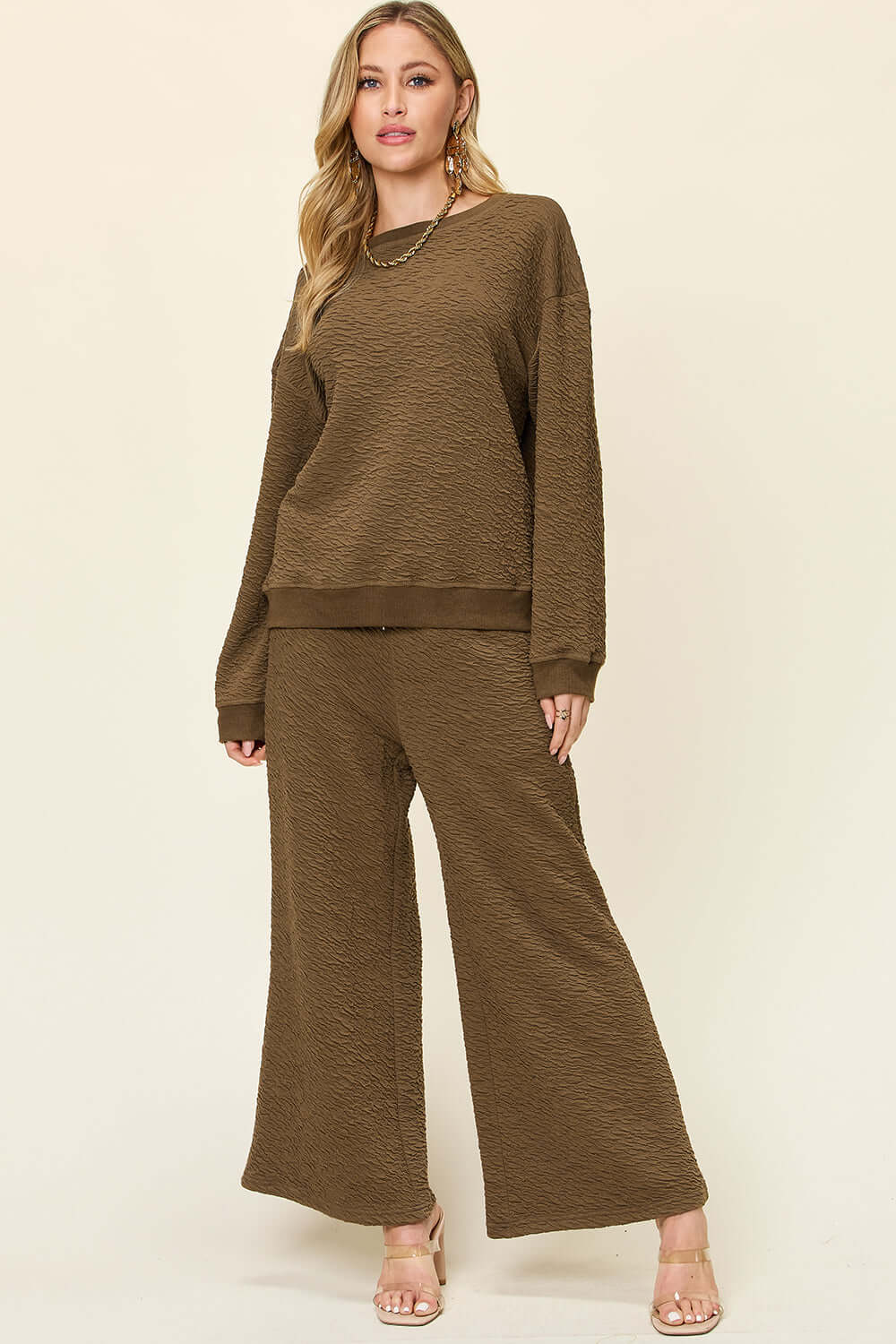 DOUBLE TAKE Full Size Texture Long Sleeve Top and Pants Set at Bella Road