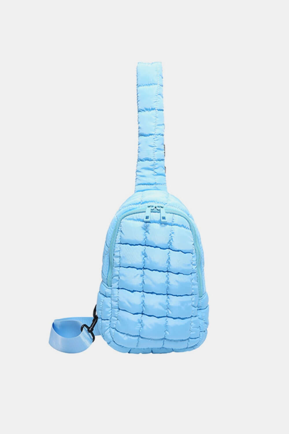 Blue Bella Road Quilted Nylon Crossbody Bag with a puffy design, showcasing a stylish and lightweight fashion accessory.