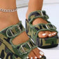 Bella Road camo wedge sandals featuring raw hem and buckle details, perfect for stylish summer outfits.