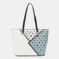 Nicole Lee USA color block large shopper handbag with black handles and white and blue geometric design.