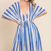 Tied Striped Plunge Half Sleeve Cover-Up - Royal Blue