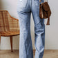 Raw hem bootcut jeans with pockets for petite women, back view.