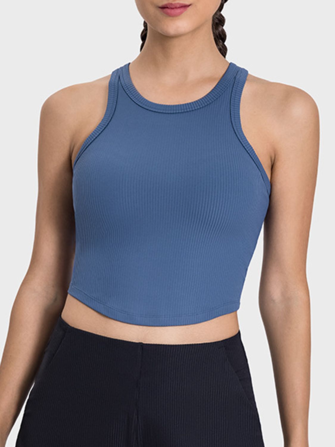 Millennia Round Neck Racerback Active Tank in blue, featuring a comfortable, stretchy design for activewear.