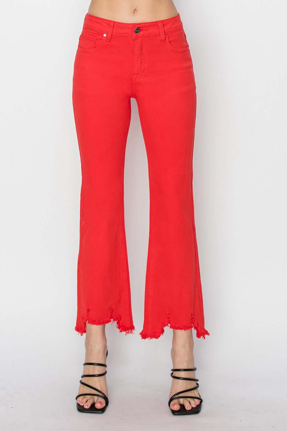 Bright red Risen Jeans raw hem bootcut jeans with pockets, flattering petite fit, edgy and functional women's denim style.