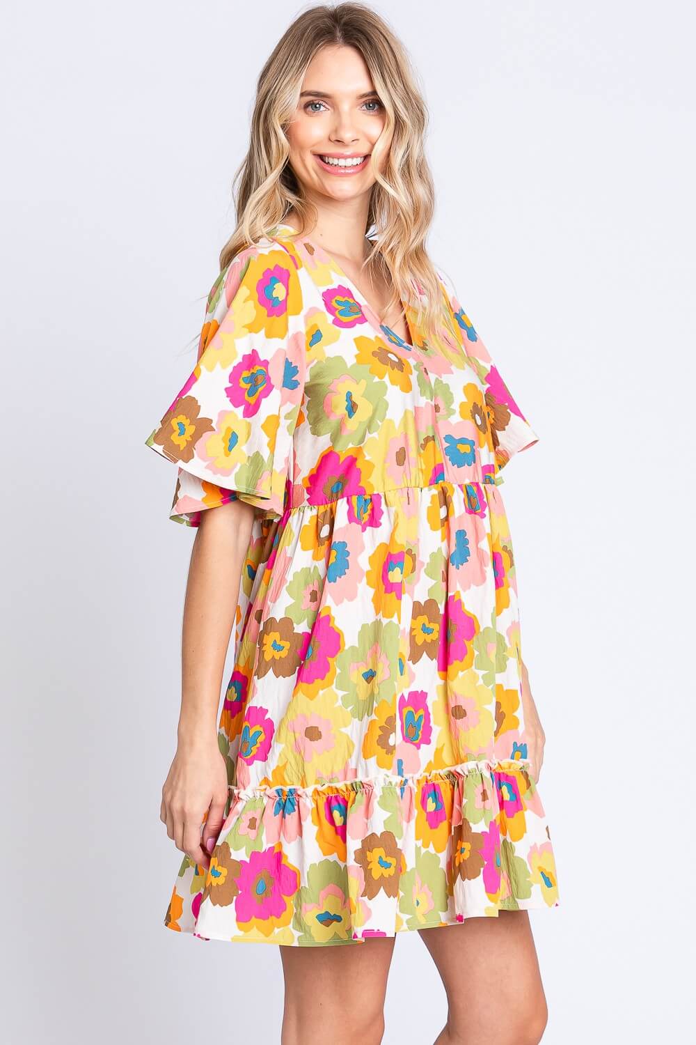 GEEGEE Floral V-Neck Ruffle Hem Mini Dress at Bella Road