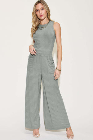 BASIC BAE Full Size Ribbed Tank and Wide Leg Pants Set at Bella Road