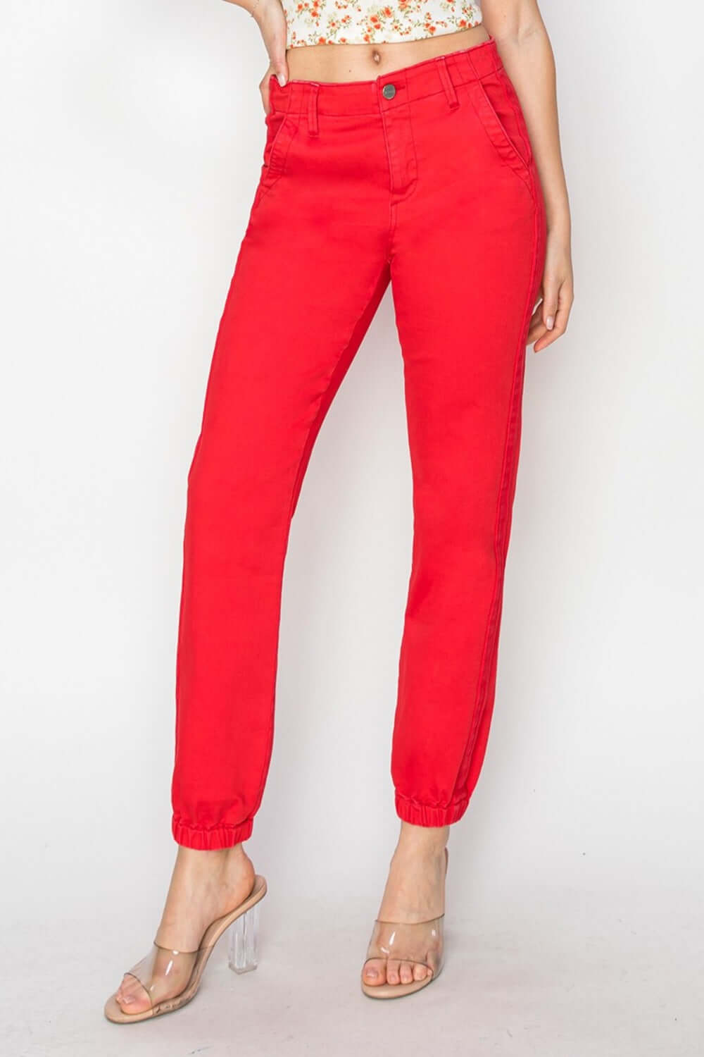 Red RISEN high waisted jogger jeans with relaxed fit and stretch fabric for a flattering silhouette and all-day comfort.