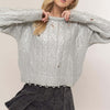 HYFVE Distressed Cable-Knit Round Neck Long Sleeve Sweater - Silver