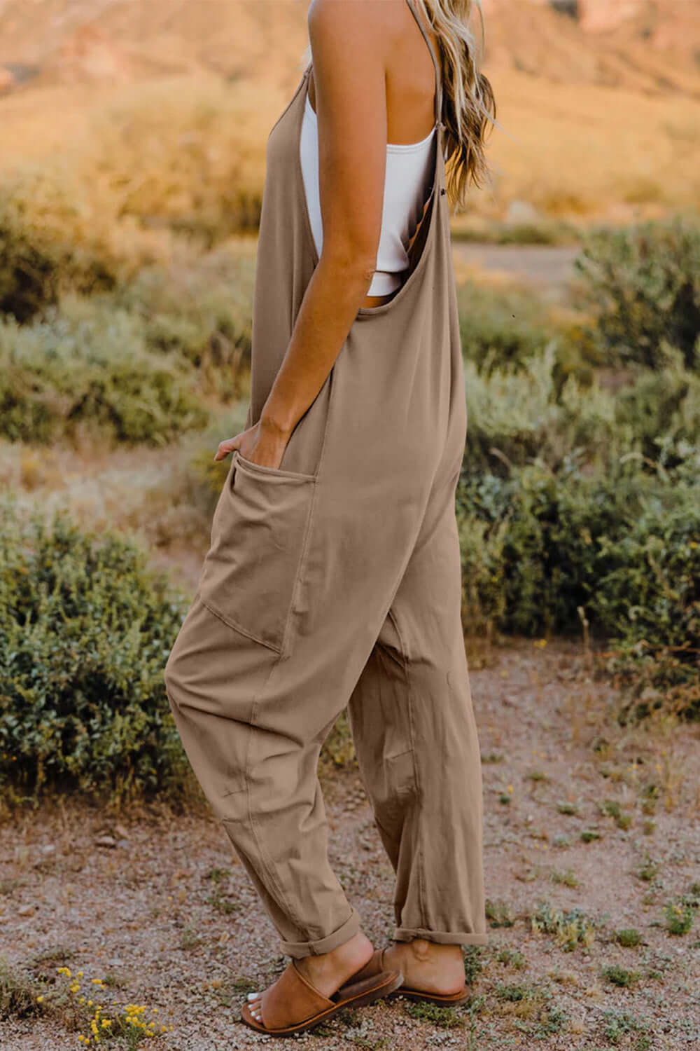 DOUBLE TAKE Full Size V-Neck Sleeveless Jumpsuit with Pockets at Bella Road