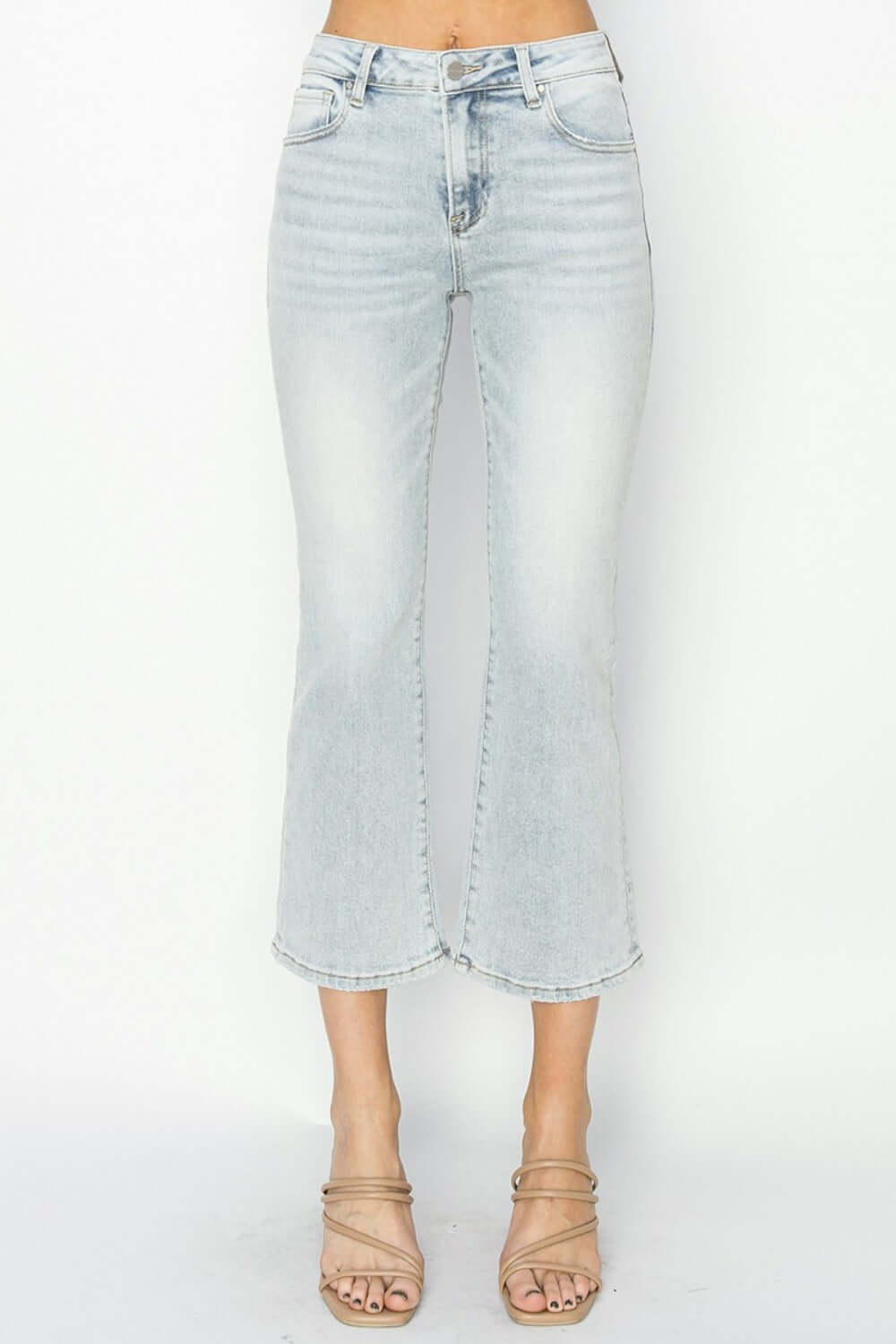 RISEN full size mid rise cropped flare jeans highlighting footwear and featuring retro-inspired design for a chic, modern look