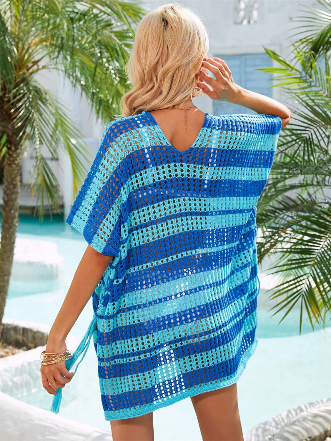 BELLA ROAD Tassel Openwork Striped V-Neck Cover Up at Bella Road