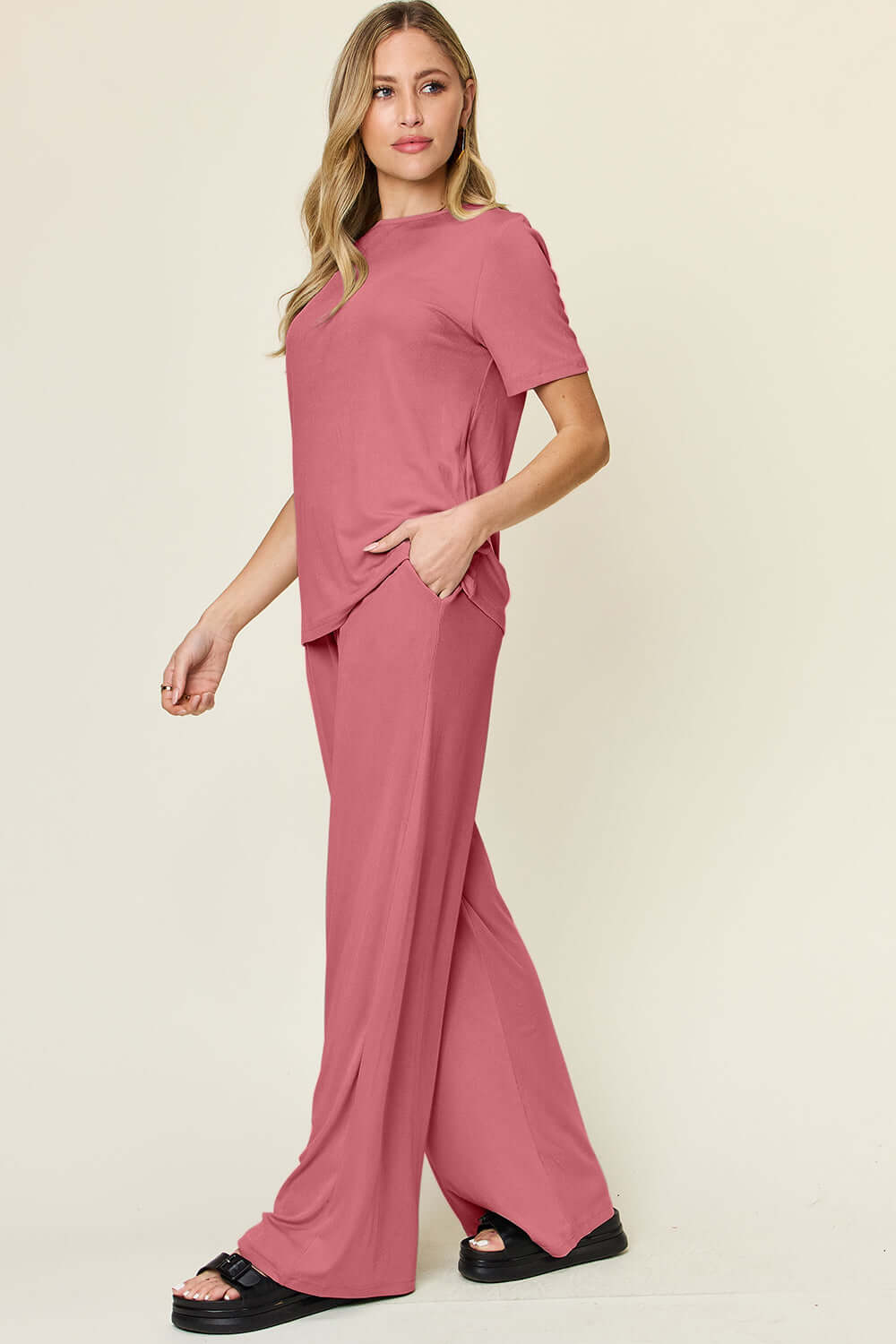 DOUBLE TAKE Full Size Round Neck Short Sleeve T-Shirt and Wide Leg Pants Set at Bella Road