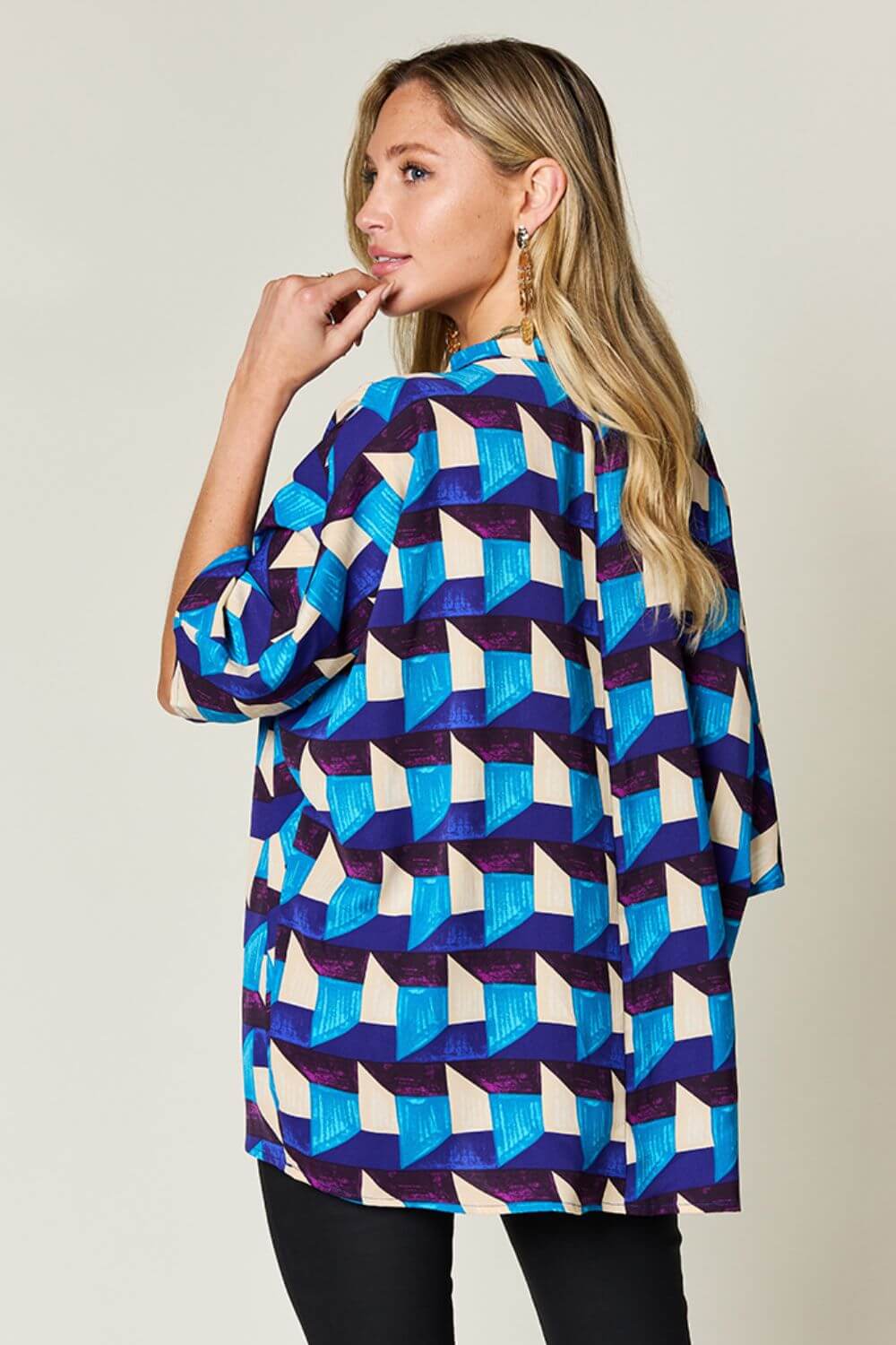 DOUBLE TAKE Full Size Geometric Notched Half Sleeve Blouse at Bella Road