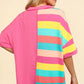 Woman wearing exposed seam short sleeve half-striped t-shirt in pink, yellow, teal, and coral colors, viewed from the back