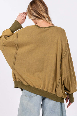 Mineral Wash Side Slit Oversized Sweatshirt with wide scoop neck and exposed seaming, shown from the back.